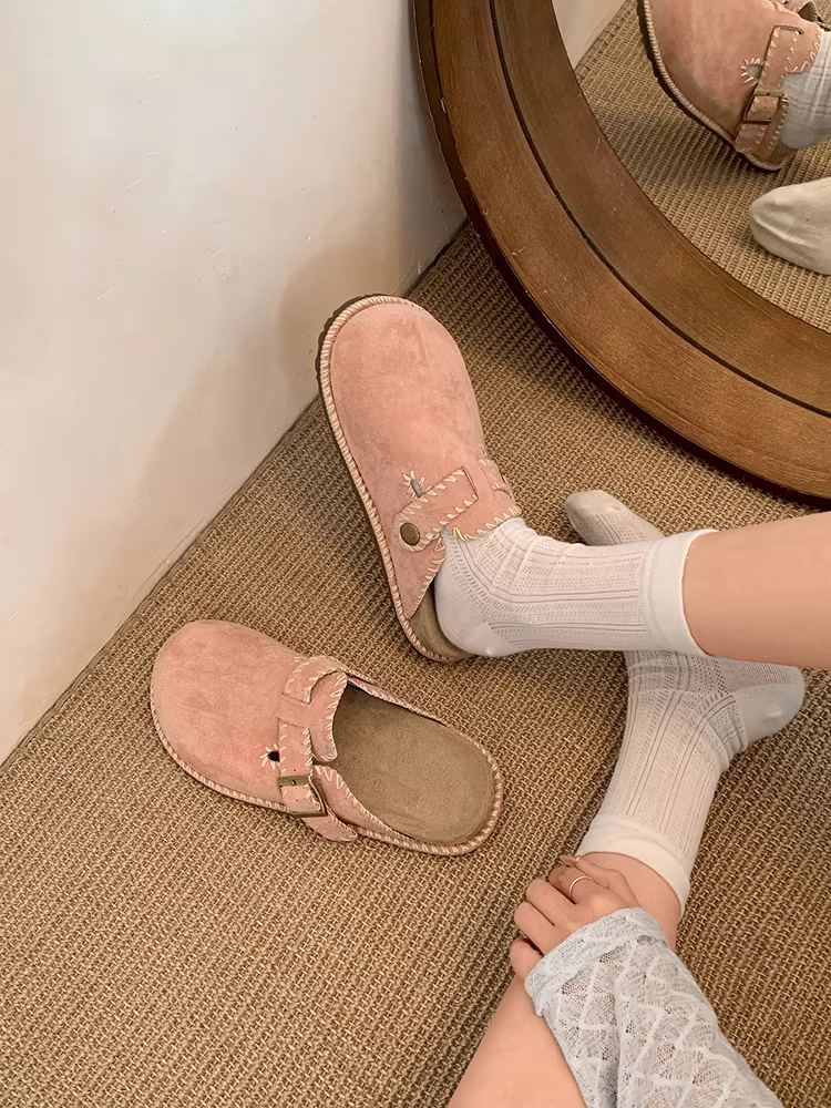 Dép lê mũi tròn kiểu retro phổ biến dành cho nữ, áo khoác ngoài mùa thu, giày Birkenstock nửa đế màu hồng đa năng chống trơn trượt mới năm 2025