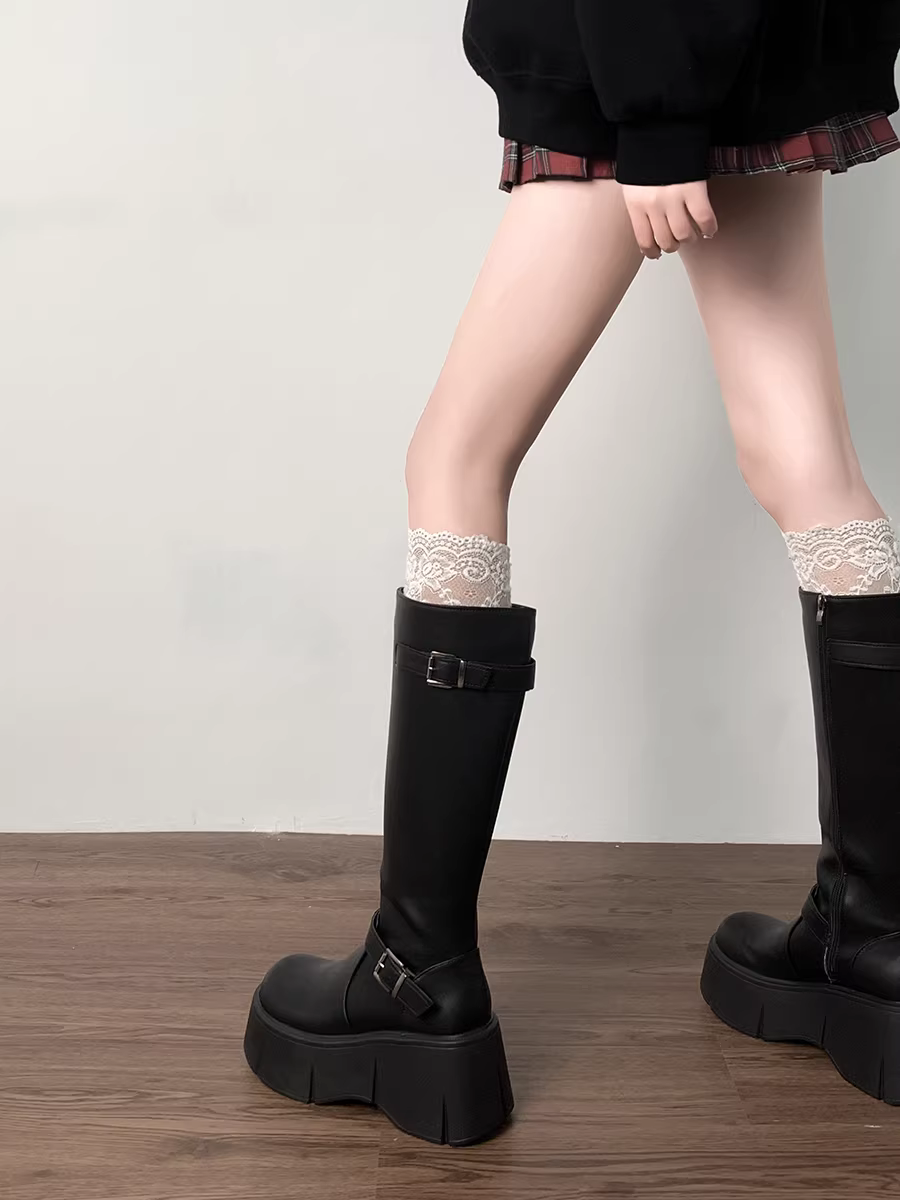 Giày bốt cao cổ đế dày kiểu Pháp cổ điển màu đen dành cho nữ, kiểu dáng thu đông 2025 mới, dành cho người mỏng và người mũm mĩm, giúp trông thon gọn và cao hơn, kiểu bốt hiệp sĩ.