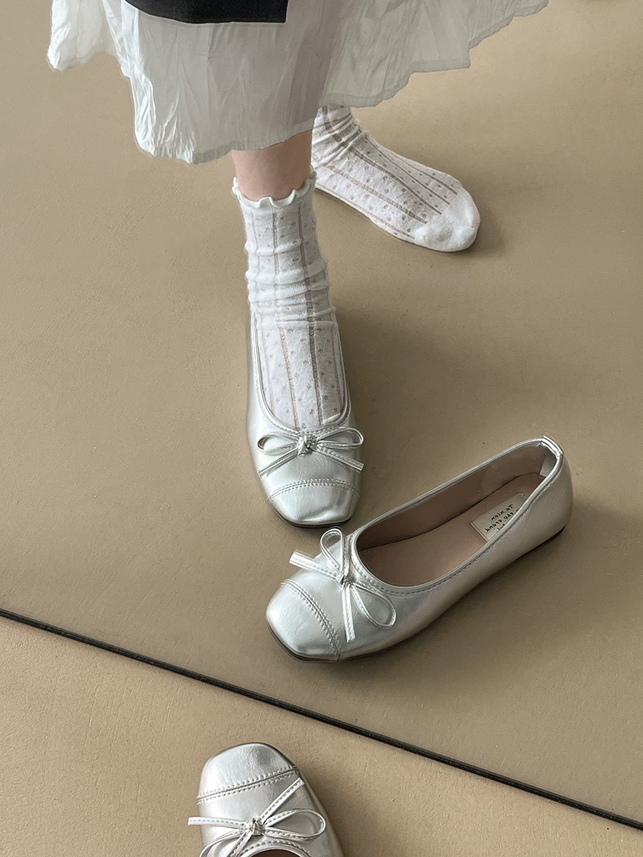 Giày bệt kiểu ballet cổ điển Pháp dành cho nữ, mẫu mới thu 2025, đa năng, màu xanh dương, mũi vuông, kiểu Mary Jane