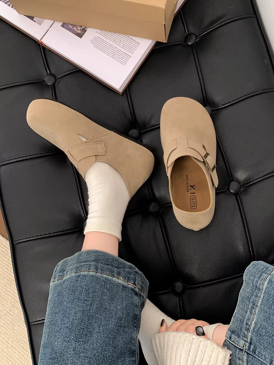 Giày Birkenstock đế bằng tăng chiều cao dành cho nữ, giày lười mũi tròn tăng chiều cao kiểu retro mùa thu mới 2025.