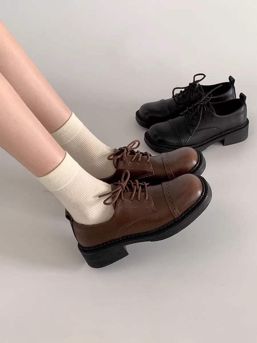 Giày da nữ kiểu Anh cổ điển, gót dày, cổ sâu, kiểu dáng mới mùa thu 2025, phối chân váy, siêu hot, kiểu Mary Jane