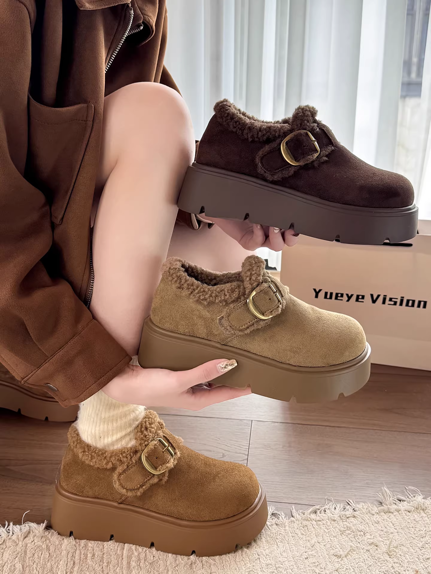 Giày bông tuyết đế dày màu nâu cổ điển dành cho nữ mùa đông 2025 kiểu mới, áo khoác ngoài ấm áp cho người nhỏ nhắn giúp tăng chiều cao và giày Birkenstock lót lông cừu