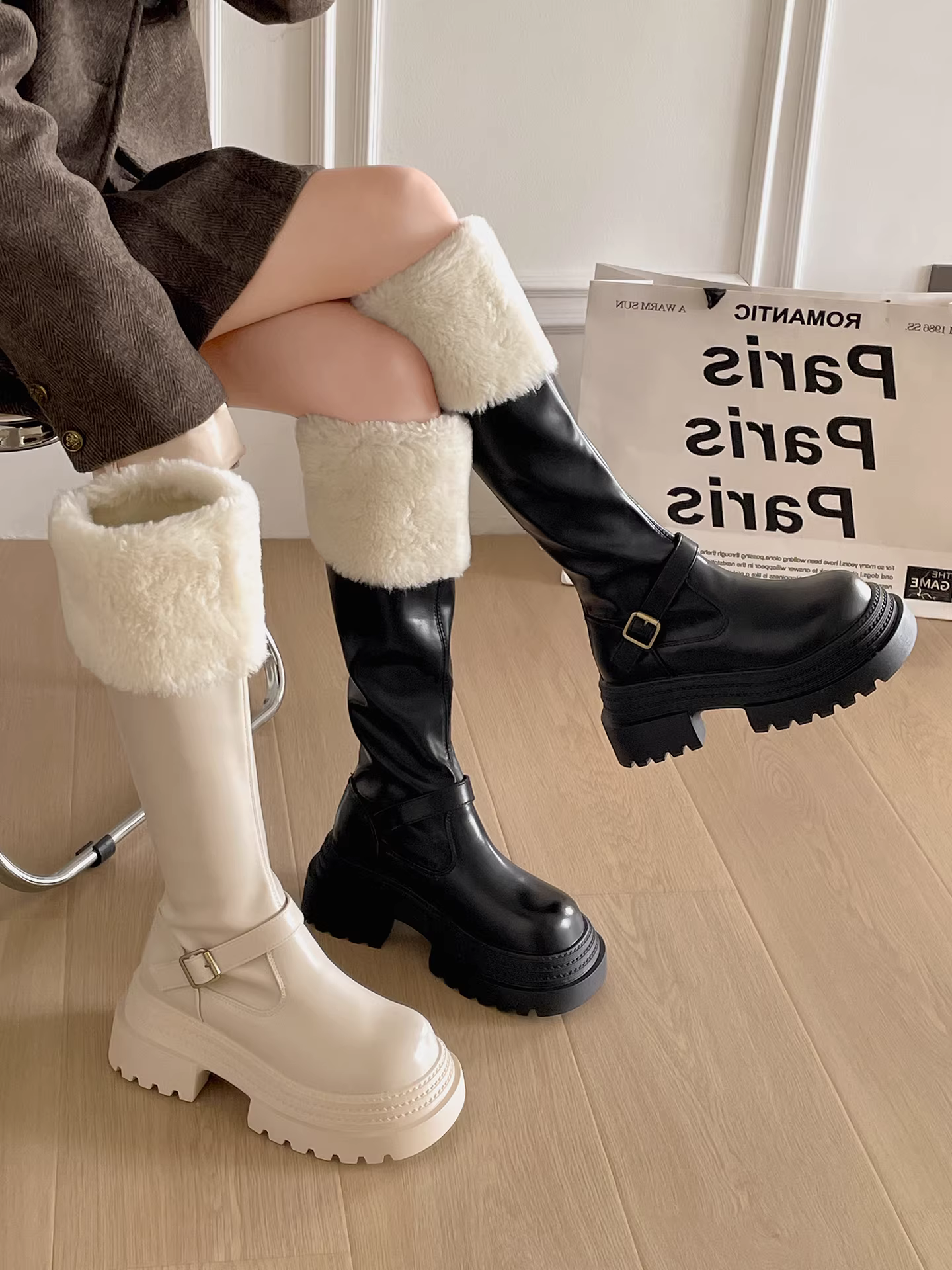 Giày bốt tuyết nữ đế dày lót lông ấm áp kiểu Anh, tăng chiều cao, chống trơn trượt, chất liệu bông dày dặn, mẫu mới mùa đông 2025