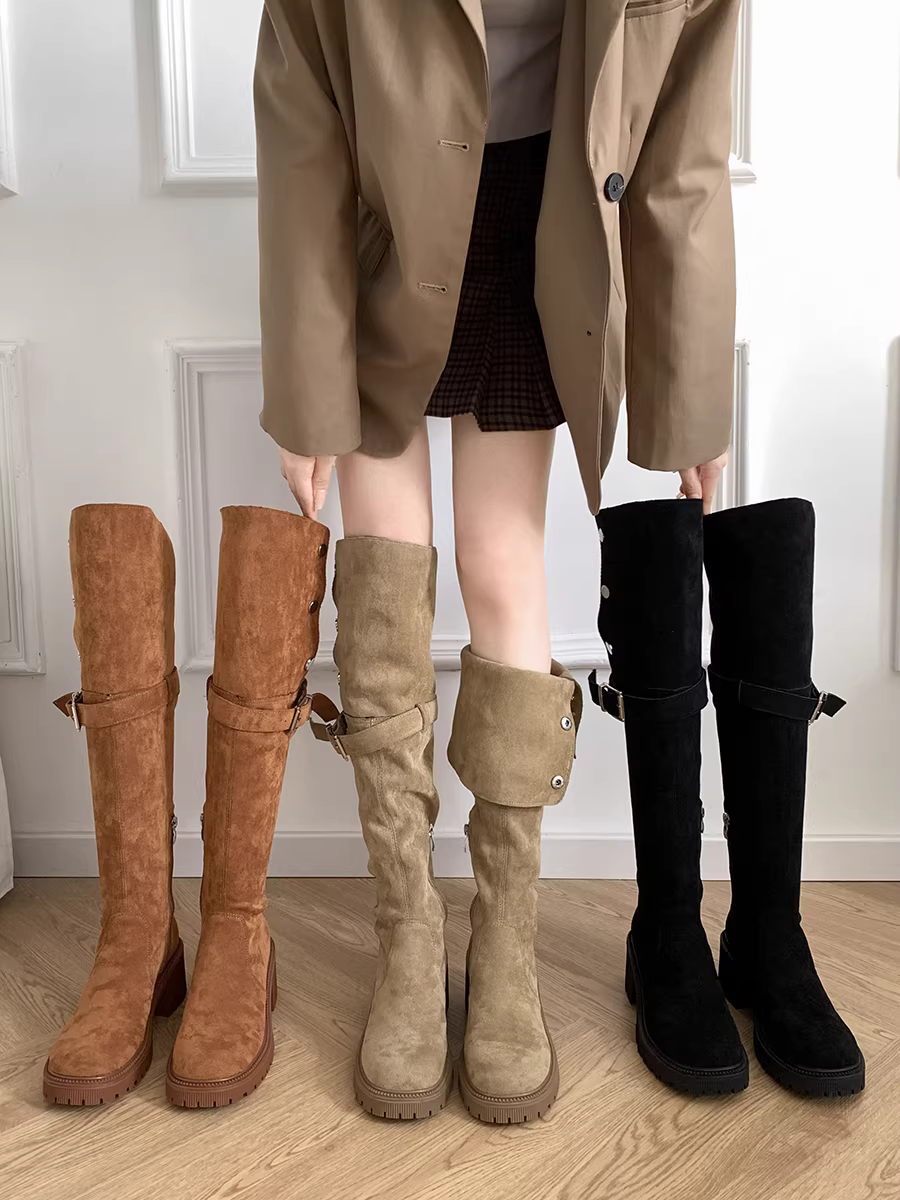 Giày bốt cao cổ đế dày, kiểu dáng retro, tôn dáng, dành cho nữ, mùa thu đông 2025, size lớn, đế dày