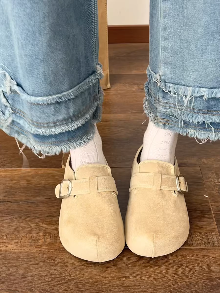 Dép đế xuồng kín mũi chống trơn dành cho nữ, kiểu dáng retro mới mùa thu 2025, kiểu Birkenstock nửa dép.