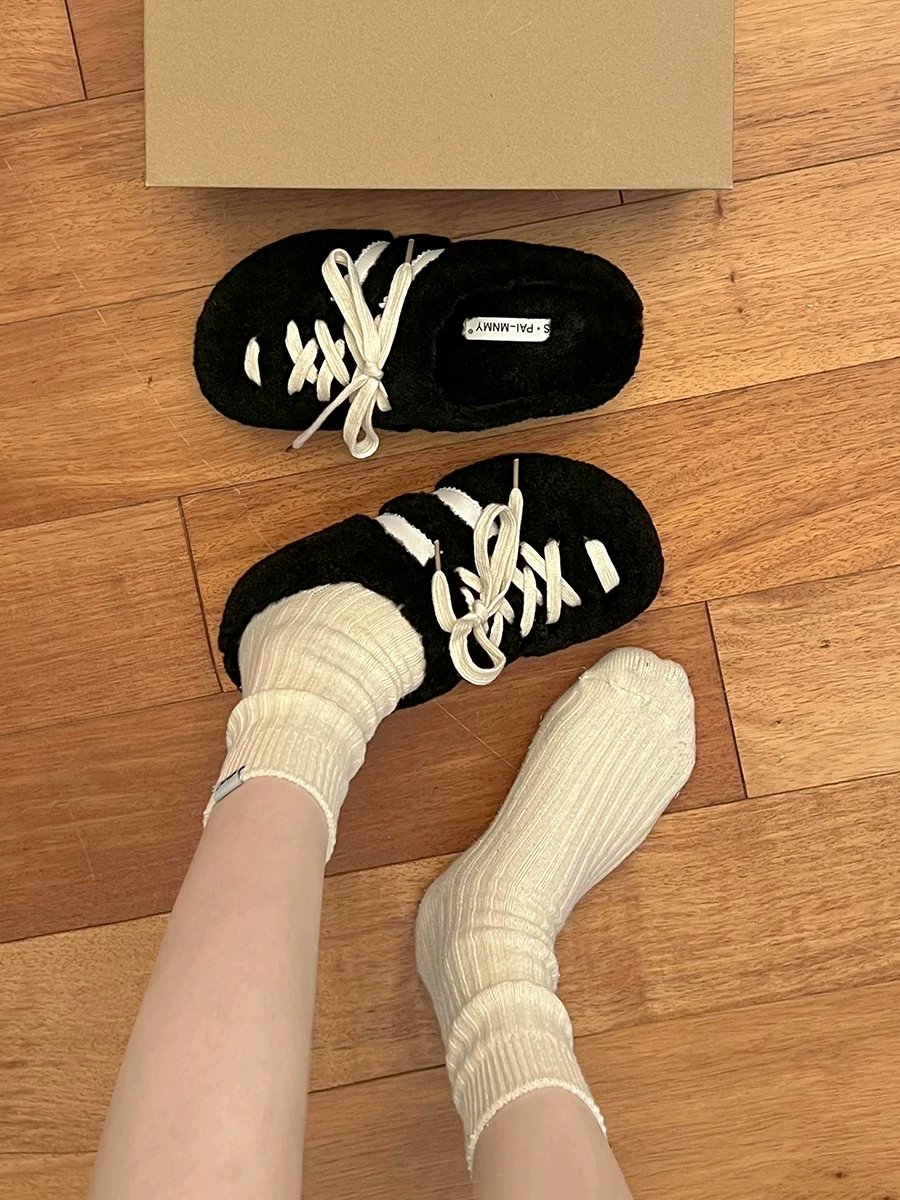 Dép lông dày đế cao siêu hot của người nổi tiếng mạng xã hội dành cho nữ, mẫu mới thu đông 2025, đi ngoài trời, chống trơn trượt, đế mềm, tăng chiều cao, mũi kín, chất liệu cotton