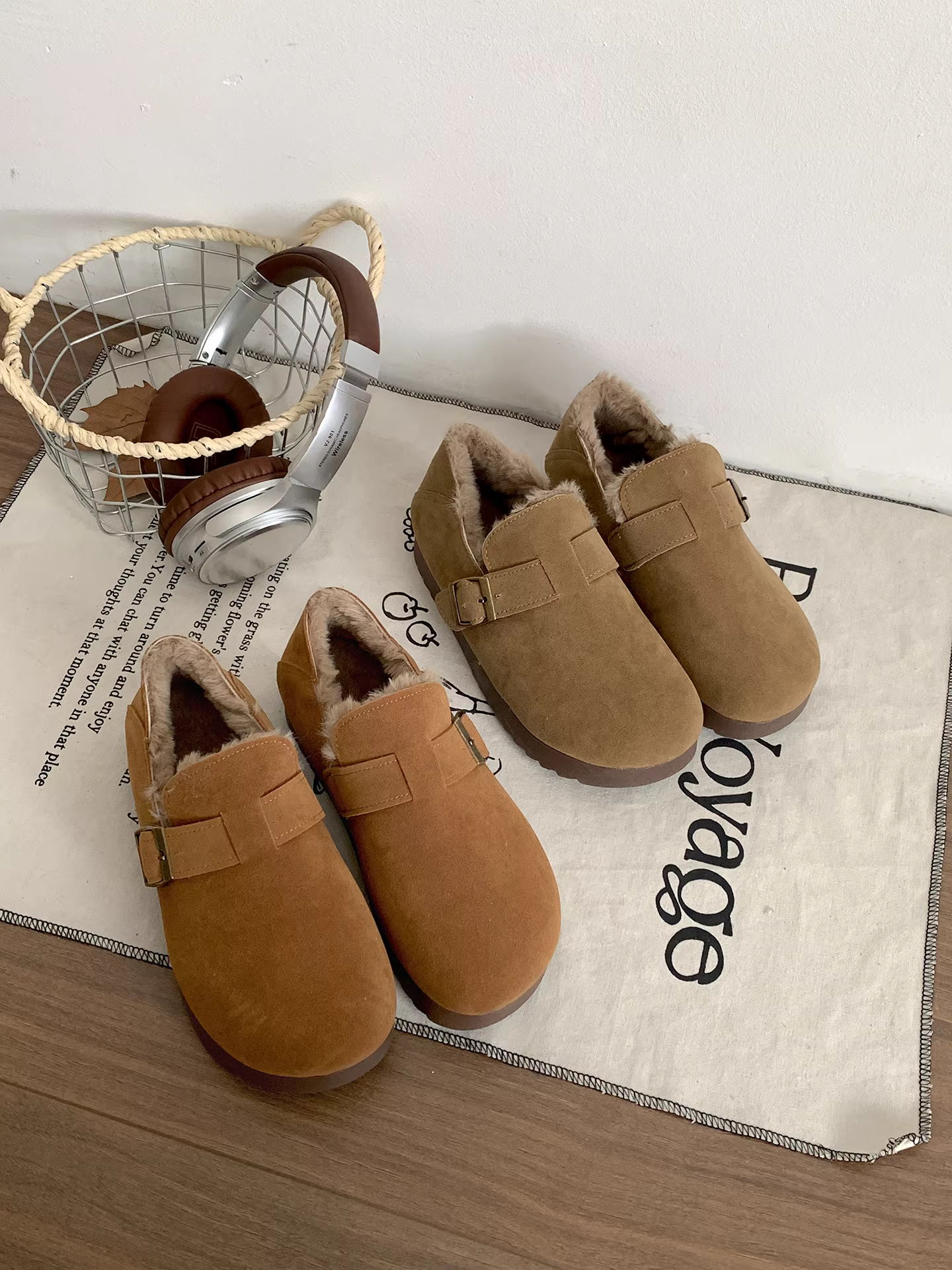 Giày Birkenstock đế dày lót lông màu kaki retro Nanzai Nanguan dành cho nữ 2025 Giày cotton ấm đế mềm tăng chiều cao mùa đông mới