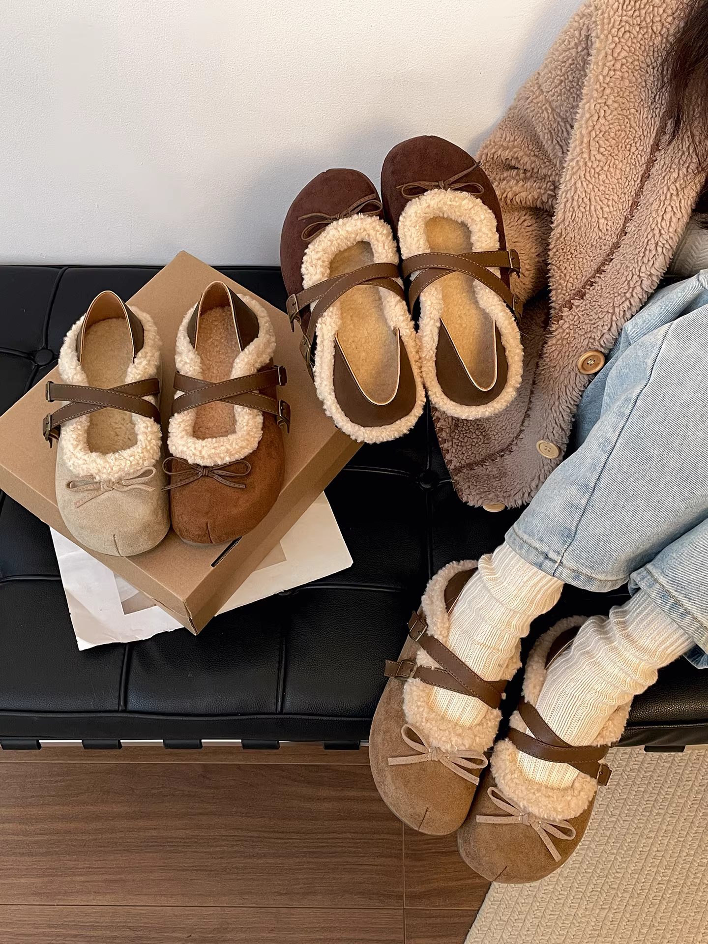 Giày bông lót lông cừu đế dày kiểu retro Maillard dành cho nữ mùa đông 2025, giày Birkenstock Mary Jane ấm áp mới