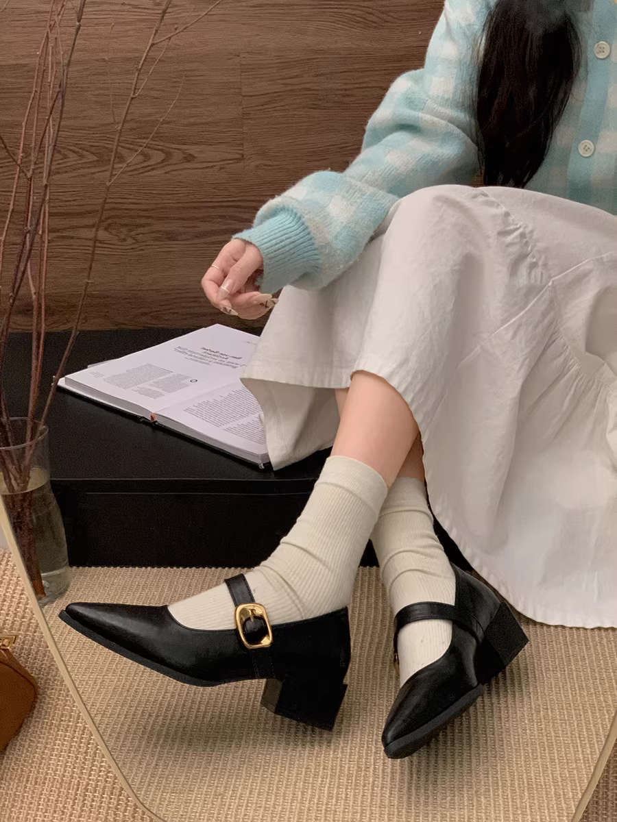 Giày cao gót chunky mũi nhọn đế thấp dành cho nữ, mẫu mới thu đông 2025, kiểu Mary Jane đa năng phong cách Pháp.