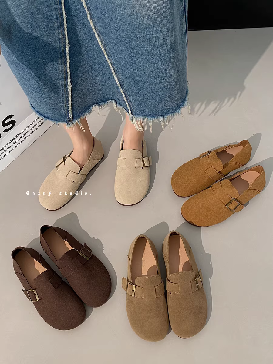 Giày Birkenstock retro nữ 2025 kiểu mới mùa thu, mũi tròn, kiểu Pháp, dễ mang, đi cùng chân váy và giày bệt.