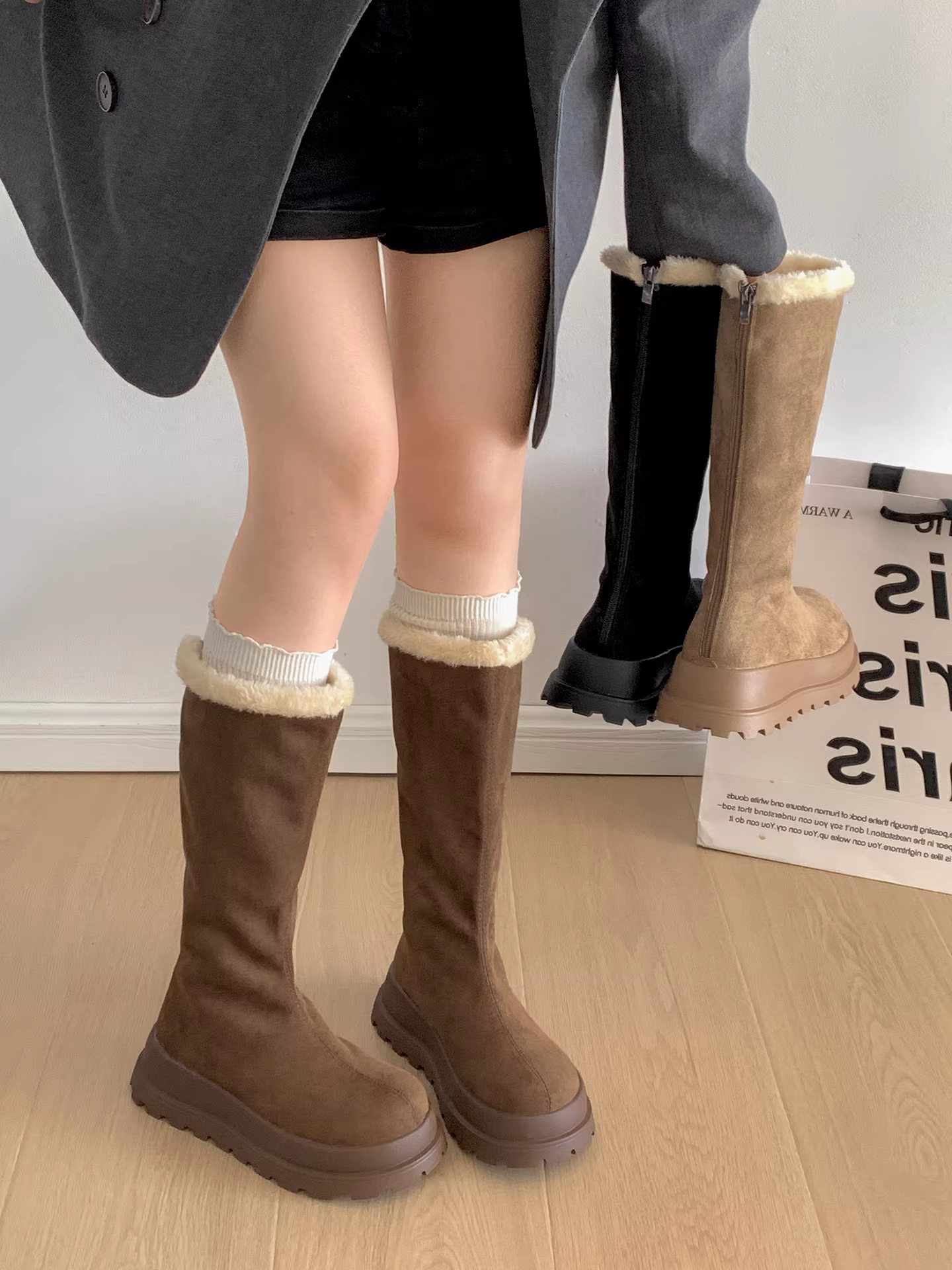 Giày bốt nữ Nanzai kiểu cổ điển màu kaki đế dày lót lông giữ ấm mùa đông 2025 kiểu Birkenstock