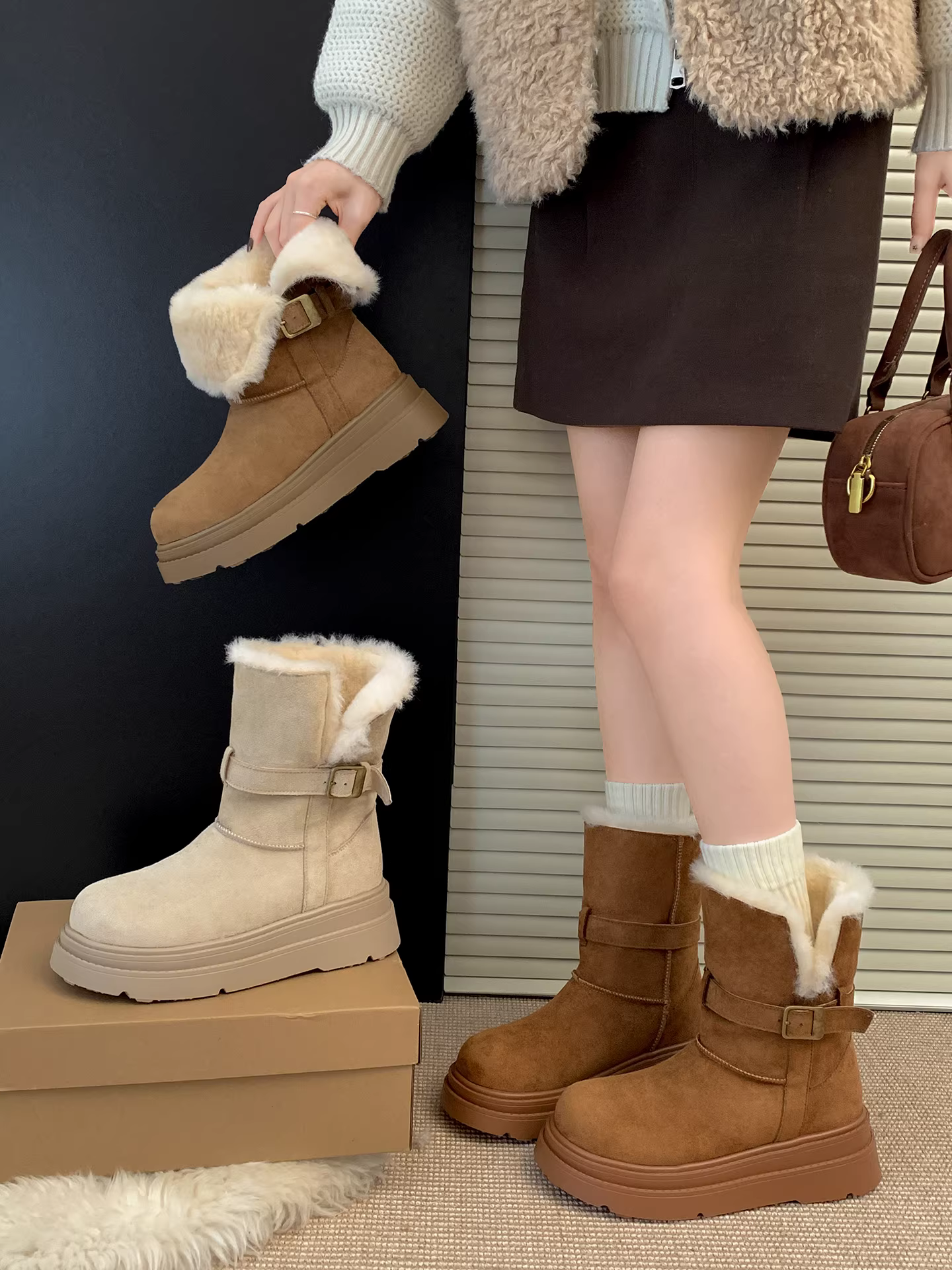 Giày bốt tuyết đế xuồng dày dặn ấm áp kiểu retro màu trắng dành cho nữ, mẫu mới 2025, tăng chiều cao, kiểu Birkenstock, chất liệu bông lông mềm mại