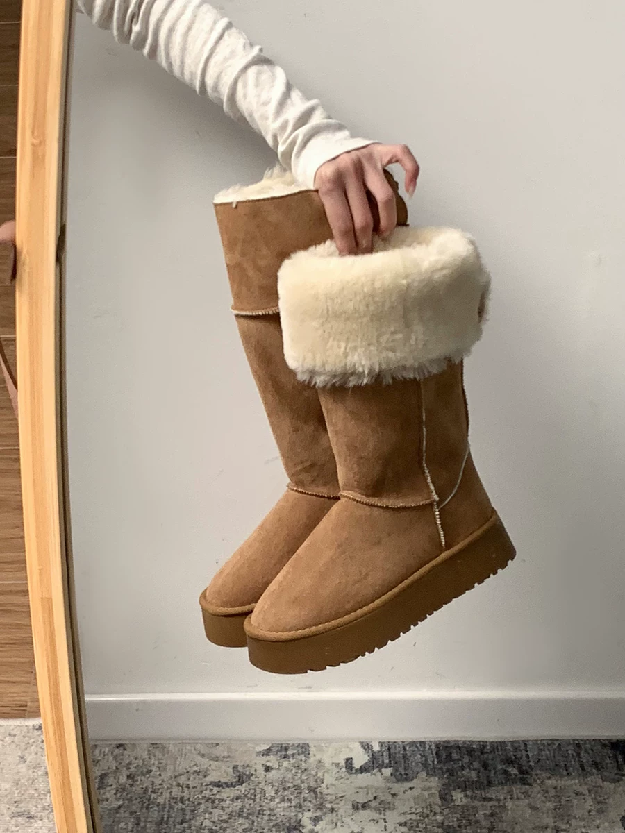 Giày bốt đi tuyết đế dày màu nâu Nanzai Nanfang dành cho nữ, giày bốt cotton lót lông mùa đông mới 2025, giày cotton ấm áp.