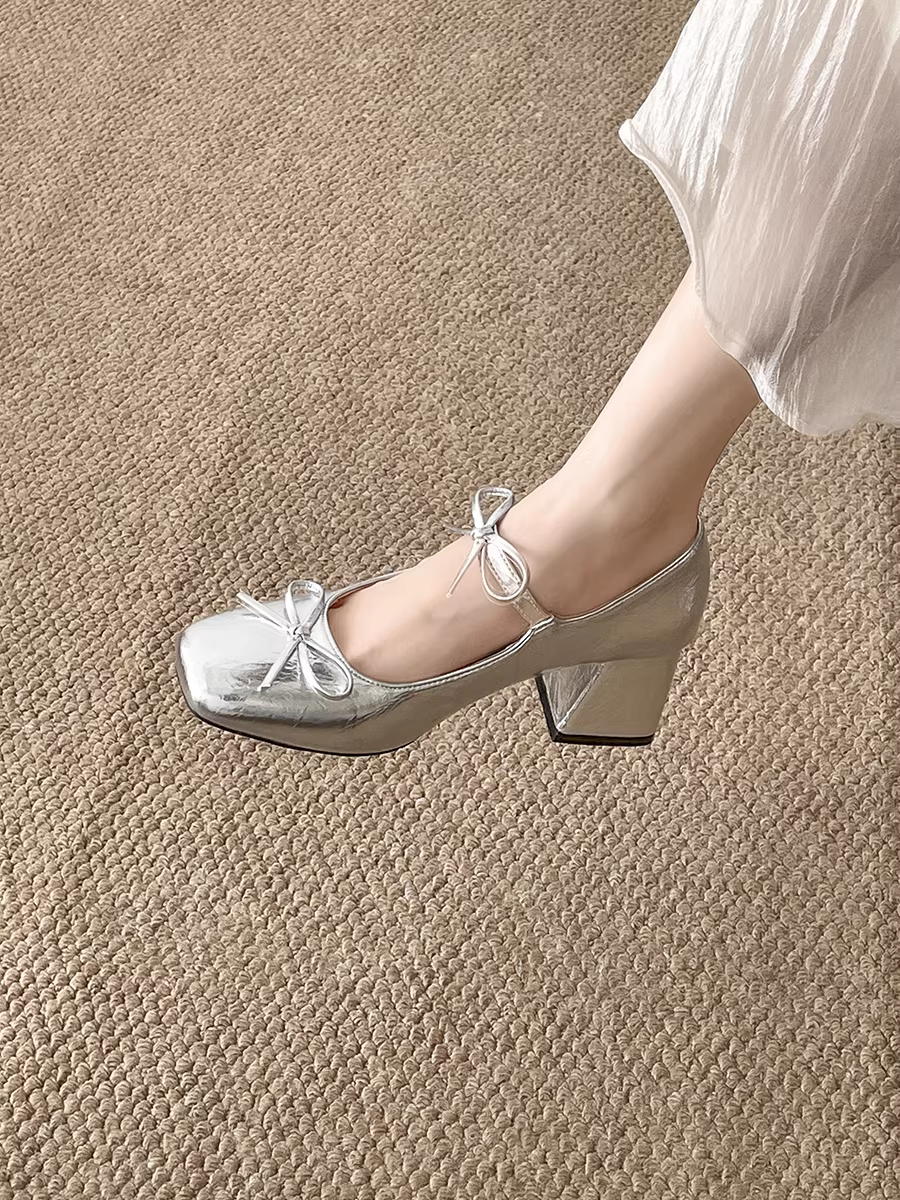 Giày Mary Jane da nữ đế xuồng, mũi vuông, nơ, kiểu dáng cổ điển, mùa thu mới 2025.