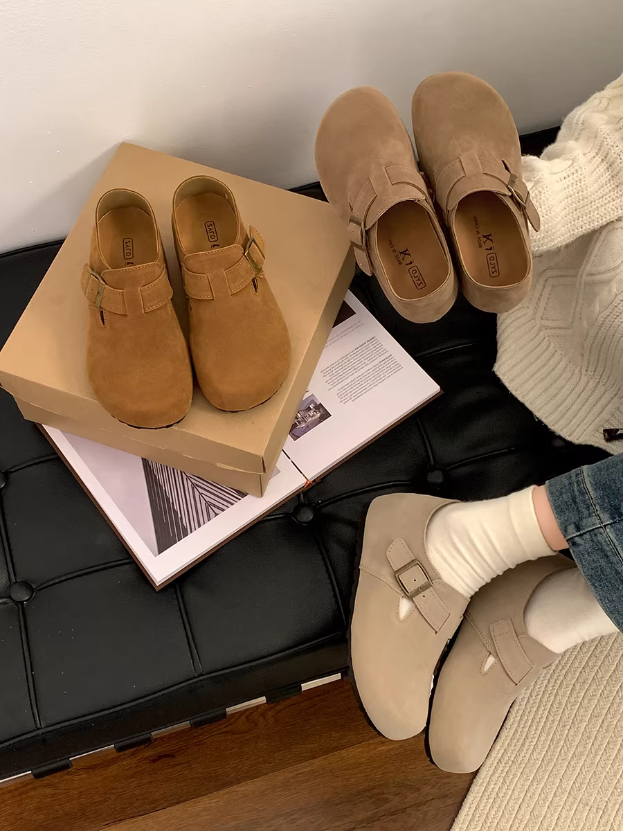 Giày Birkenstock đế bằng tăng chiều cao dành cho nữ, giày lười mũi tròn tăng chiều cao kiểu retro mùa thu mới 2025.