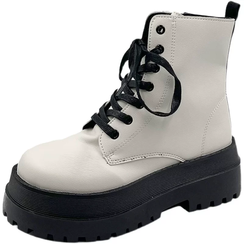 Giày bốt Martin đế dày 2025 dành cho nữ, kiểu buộc dây, tăng chiều cao, dành cho người nhỏ nhắn, phong cách Anh quốc mùa thu đông, kiểu dáng ôm sát mắt cá chân.