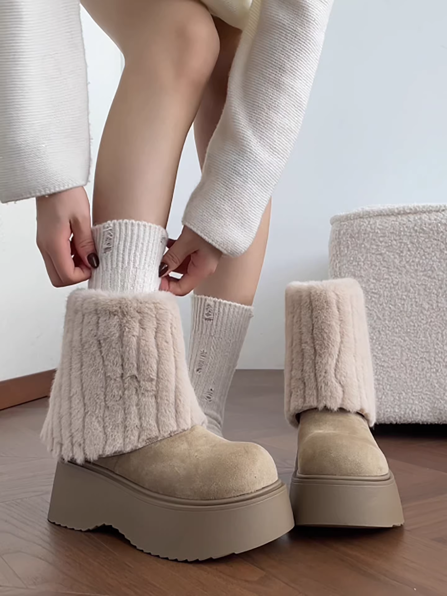 Giày bốt mùa đông nữ Birkenstock đế dày lót lông ấm áp kiểu retro màu kaki, tăng chiều cao, mới năm 2025