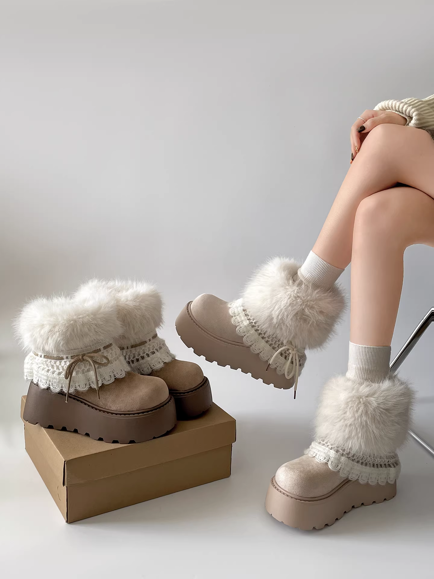 Giày bốt tuyết nữ đế dày lót lông mềm, mẫu mới mùa đông 2025, giữ ấm, chống trơn, chất liệu cotton, thích hợp đi ngoài trời.