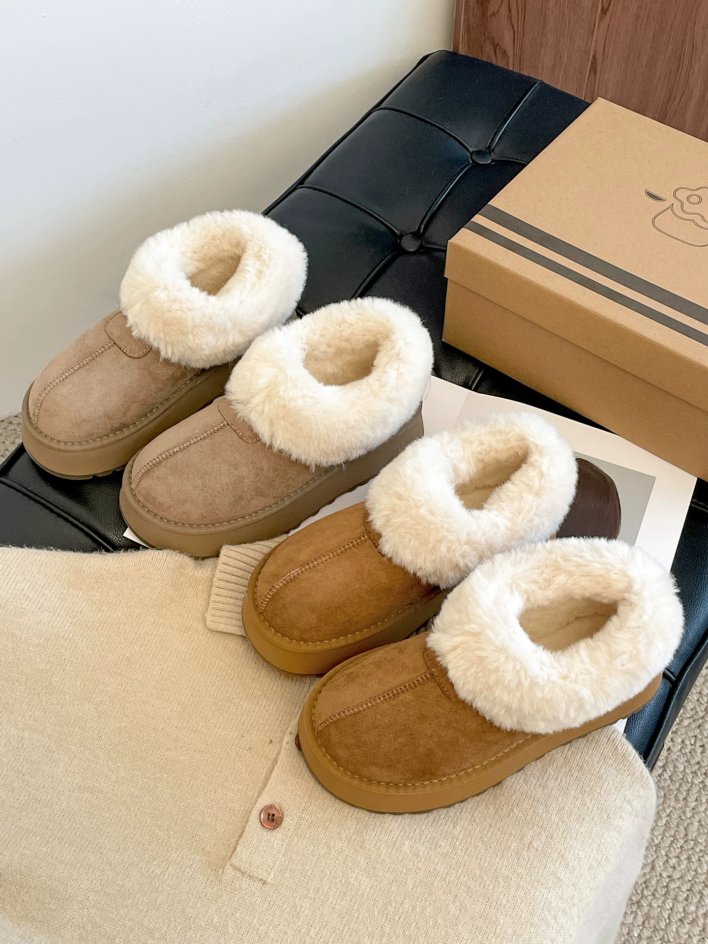 Giày bốt tuyết đế dày lót lông cừu kiểu cổ điển dành cho nữ, mẫu mới mùa đông 2025, tăng chiều cao, giữ ấm, lót lông mềm mại, kiểu Birkenstock, chất liệu cotton