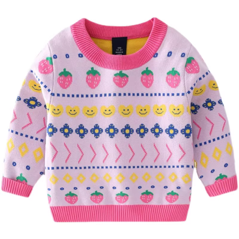 Áo len dệt kim bé gái xuân 2025 kiểu mới áo hoạt hình trẻ em áo len thời trang hai lớp