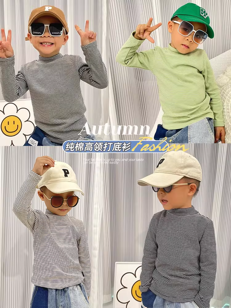 Áo thun cổ lọ trẻ em cho bé trai và bé gái, chất liệu cotton nguyên chất, áo dài tay đa năng mặc mùa đông, áo chui đầu sành điệu, áo sơ mi sọc cho bé, hợp thời trang