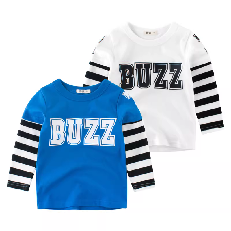 Áo thun bé trai tay dài cổ tròn mùa xuân 2025, kiểu dáng hai lớp giả, chất liệu cotton nguyên chất, thời trang