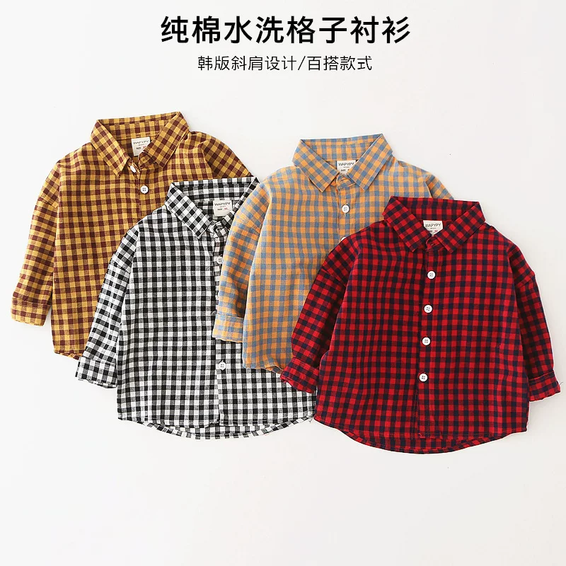 Áo sơ mi trẻ em xuân thu kiểu mới 2025 phiên bản Hàn Quốc, áo bé trai chất liệu cotton nguyên chất tay dài, kiểu trễ vai, kẻ caro