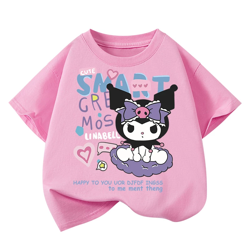 Áo thun ngắn tay thời trang cho bé gái, chất liệu cotton nguyên chất mặc mùa hè, kiểu dáng mới 2025, quần áo trẻ em cỡ trung và lớn, áo hoạt hình Kuromi dễ thương số 1