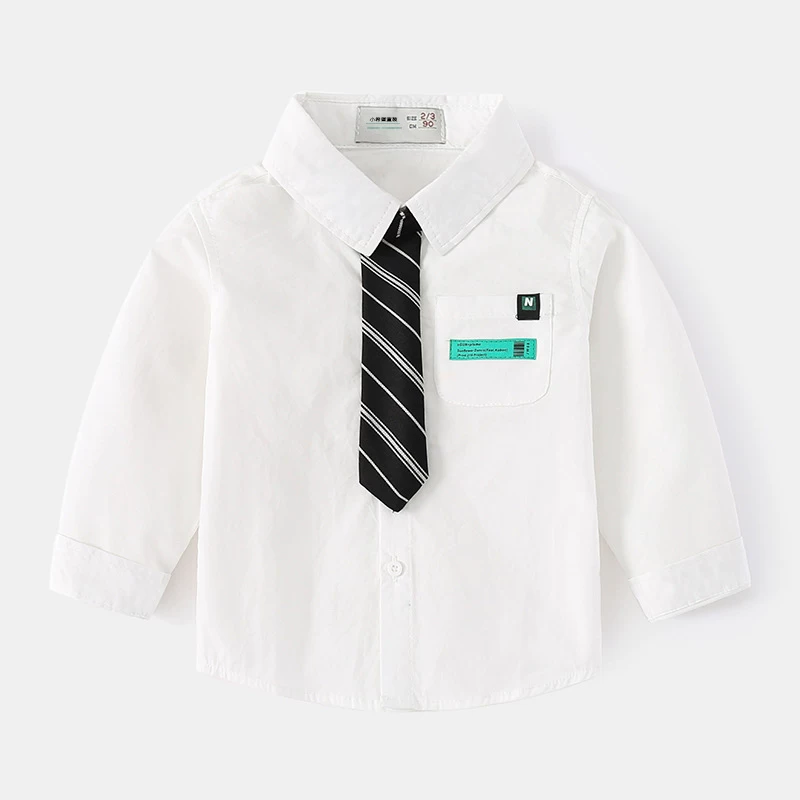 Áo sơ mi dài tay kẻ sọc cho bé trai, kiểu xuân thu, thời trang mới năm 2025, áo sơ mi trẻ em có cổ kèm cà vạt nhỏ