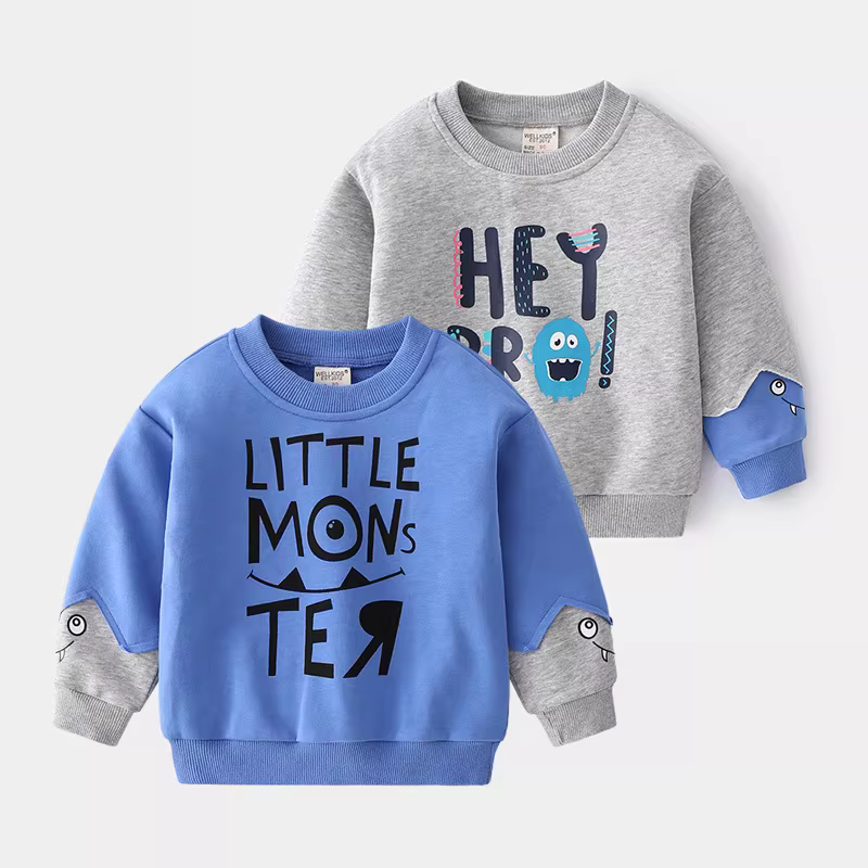 Áo thun in hoạt hình đơn giản, phong cách thường ngày mùa thu 2025 dành cho trẻ em và thanh thiếu niên, áo dài tay phối màu thời trang mùa xuân