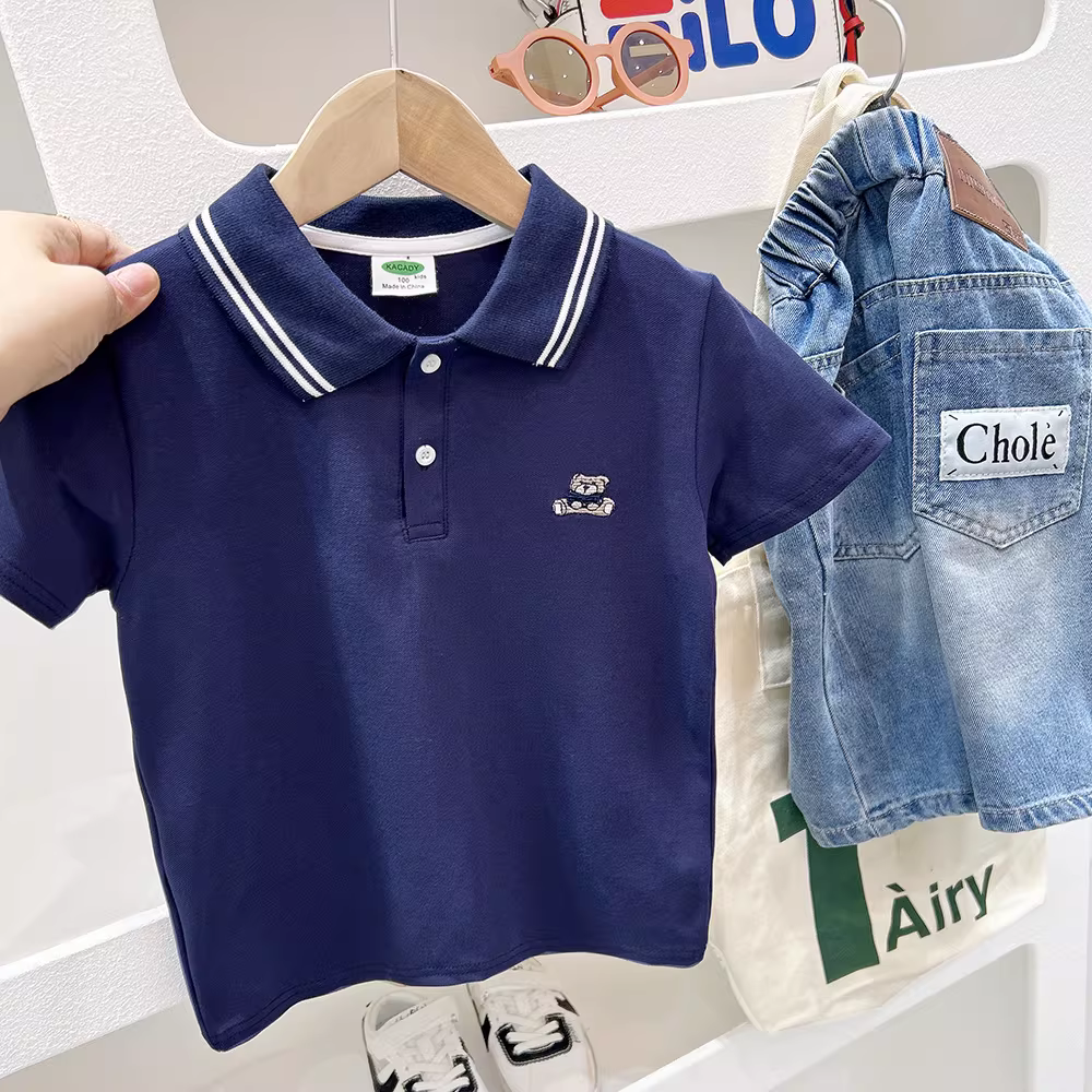 Áo polo bé trai tay ngắn, áo thun sọc hè trẻ em 2025 kiểu Hàn Quốc thời trang rộng rãi mỏng nửa tay