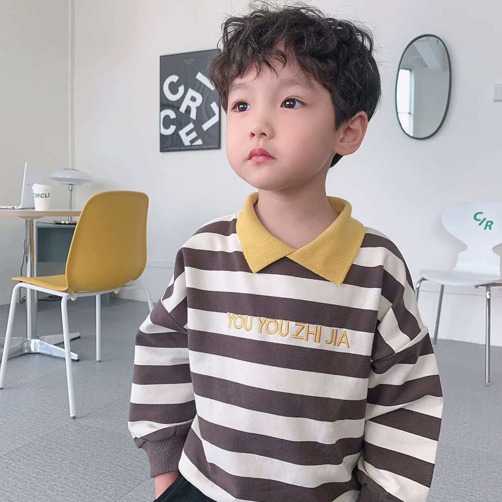 Áo thun polo bé trai áo thun chui đầu phong cách Hàn Quốc phong cách mùa xuân thu có lót lông cừu áo dài tay sọc trẻ em