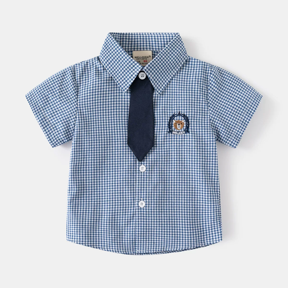 Áo sơ mi ngắn tay có cà vạt nhỏ cho bé trai mùa hè phong cách preppy thời trang trẻ em hoạt hình áo sơ mi mỏng có cổ bằng vải cotton nguyên chất
