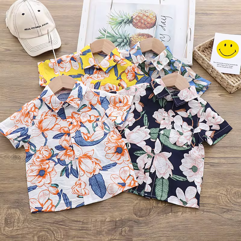 Áo sơ mi ngắn tay cho bé trai, kiểu dáng mùa hè mới, áo sơ mi in họa tiết cổ bẻ cho bé 11 tuổi, áo mỏng họa tiết hoa đi biển cho trẻ em, hợp thời trang.