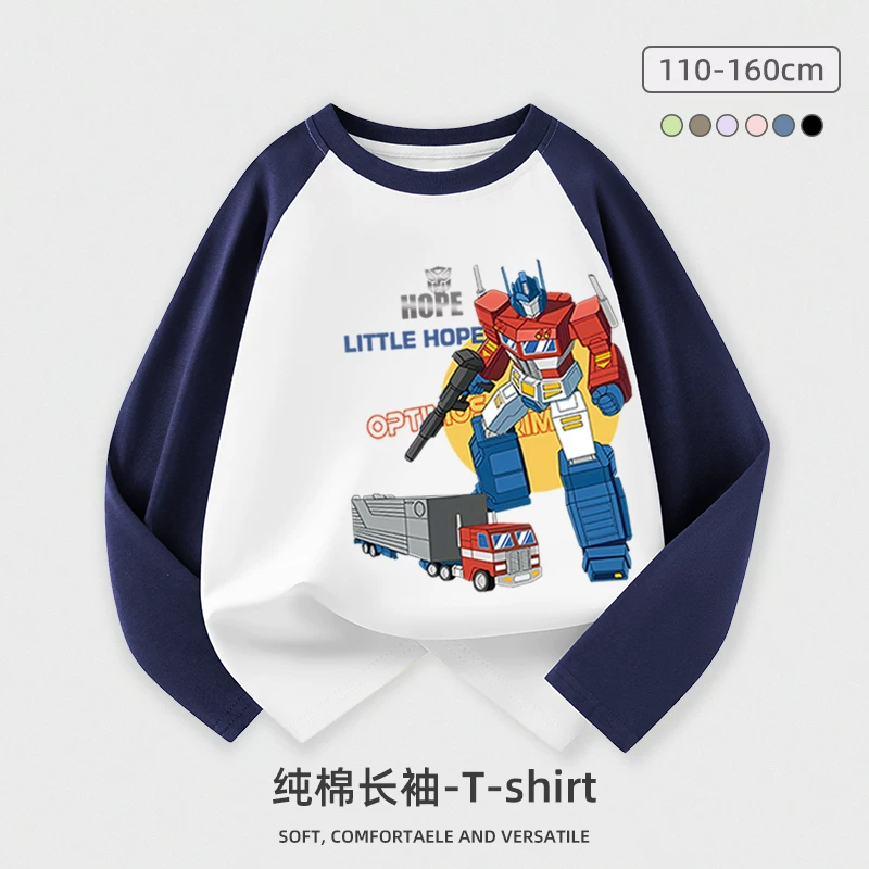 Áo thun dài tay bé trai 100% cotton Quần áo xuân thu 2025 Quần áo robot hoạt hình cho bé trai Áo trẻ em cỡ vừa và lớn