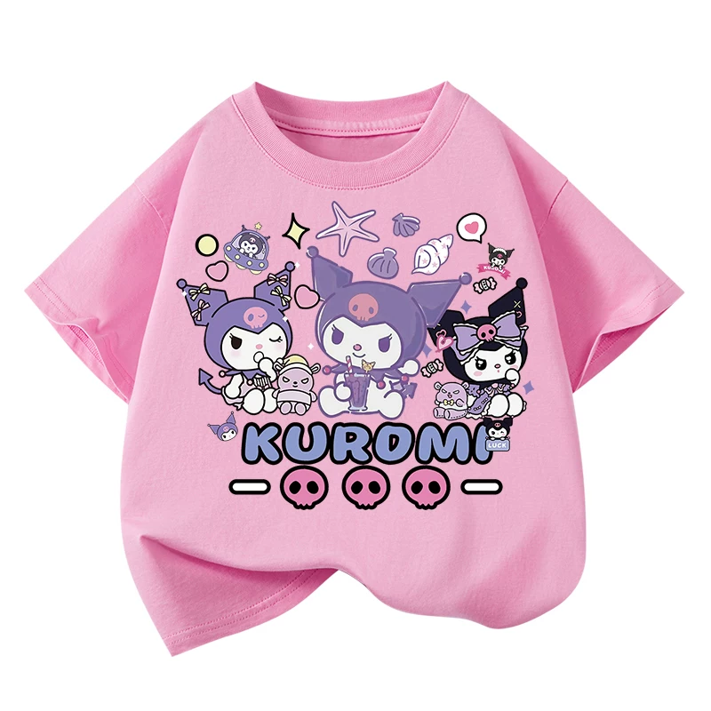 Áo thun ngắn tay 100% cotton nguyên chất cho bé gái, cổ tròn, mặc mùa hè, phong cách hoạt hình Nhật Bản, quần áo rộng rãi hợp thời trang cho trẻ lớn, tay lửng.