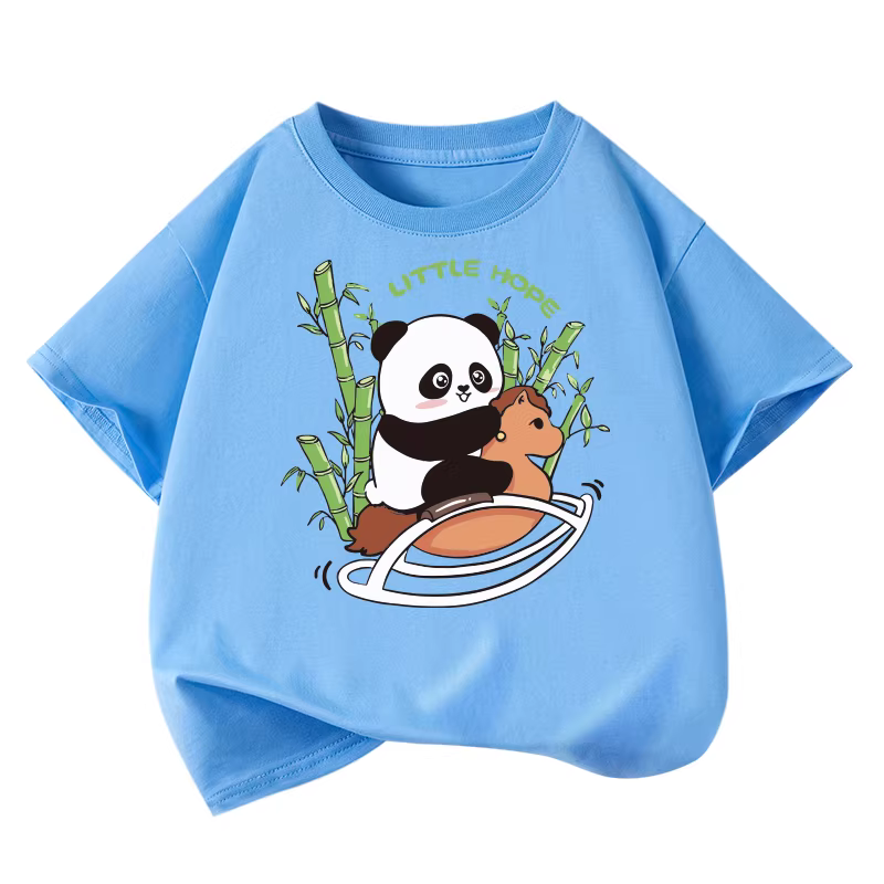 Áo thun ngắn tay trẻ em chất liệu cotton 100% mẫu mới hè 2025 áo bé trai rộng rãi tay lửng áo thun bé gái họa tiết gấu trúc