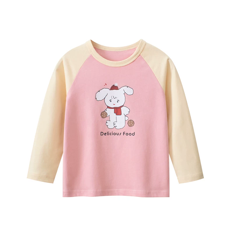 Áo thun dài tay cho bé gái cotton nguyên chất mới mùa thu quần áo trẻ em bé gái hoạt hình cổ tròn học sinh tiểu học áo sơ mi đáy quần