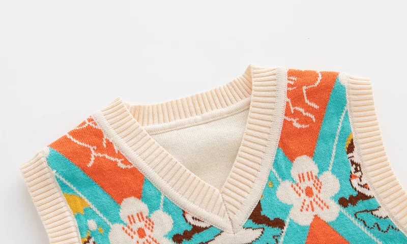 Áo len dệt kim hai lớp dành cho nữ Áo len cổ chữ V quần áo mùa xuân và mùa đông Áo vest cotton jacquard thông thường dành cho trẻ em hợp thời trang 2