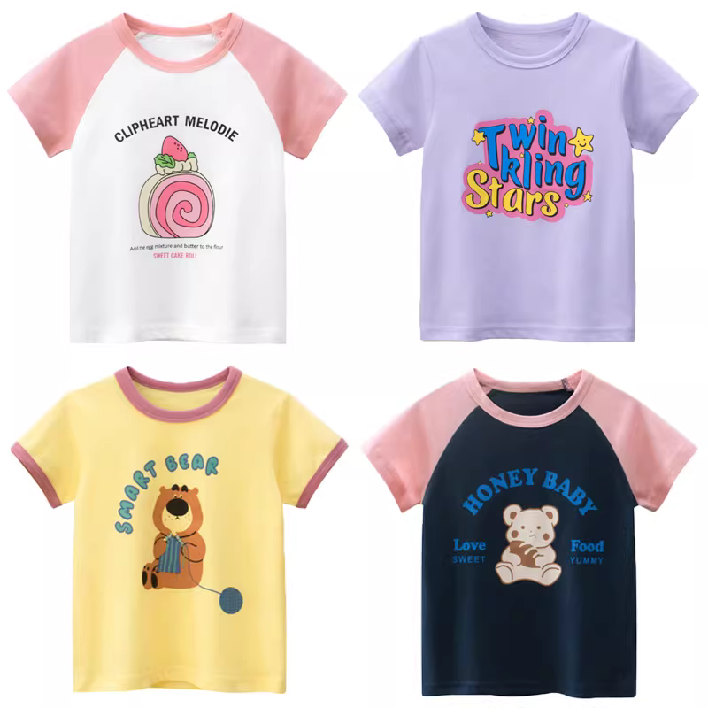 Áo thun trẻ em chất liệu cotton 100%, in hình, tay ngắn, kiểu mới 2025, dành cho bé gái, mùa hè, cổ tròn, kiểu dáng thường ngày, mỏng, rộng rãi, tay lửng