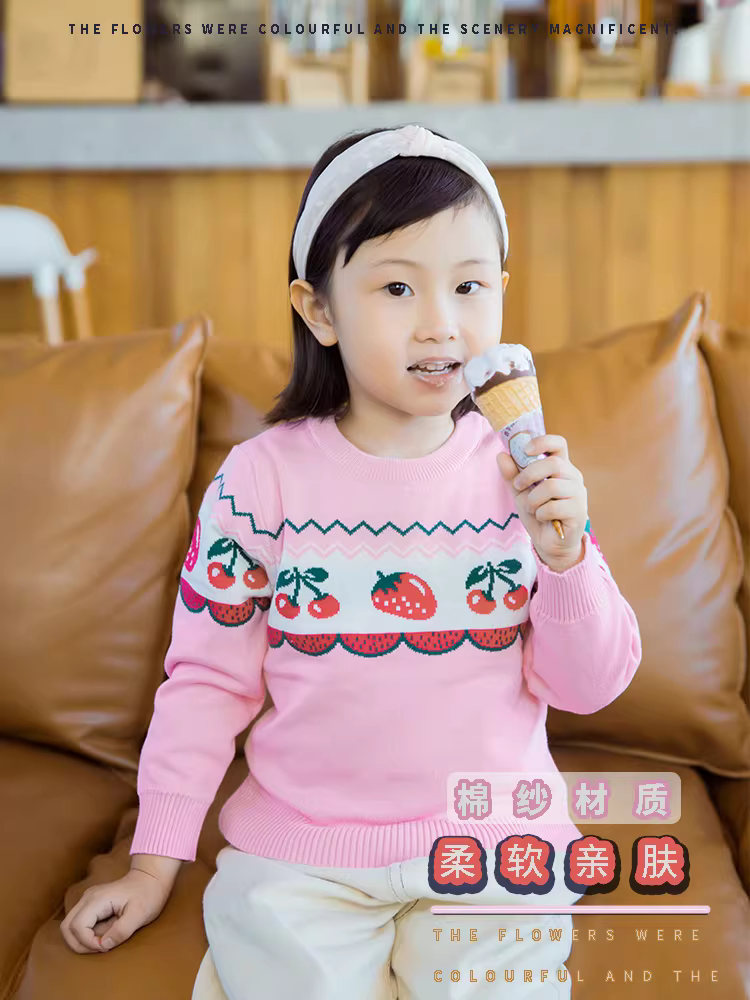 Quần áo trẻ em, áo len bé gái xuân đông 2025 kiểu mới, áo len bé gái họa tiết cherry dâu tây thời trang, áo len trẻ em hợp xu hướng