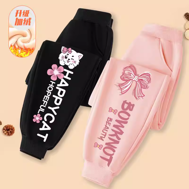 Quần thể thao lót lông cừu cho bé gái, thu đông 2025, quần dày giữ ấm cho bé gái lớn, quần thể thao mùa đông cho trẻ em.