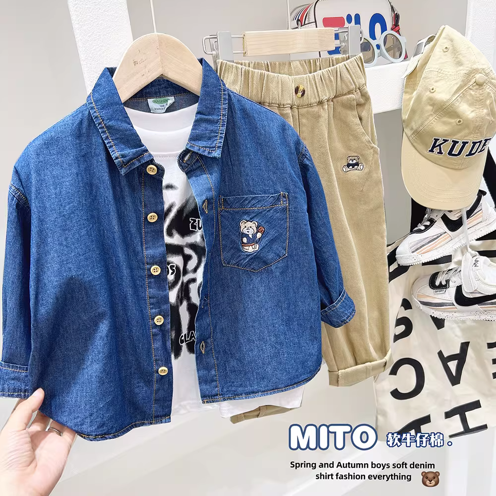 Áo sơ mi denim bé trai, áo khoác kiểu mới xuân thu, phiên bản Hàn Quốc, thêu hình gấu trẻ em, áo sơ mi dài tay phong cách và đa năng, hợp thời trang.