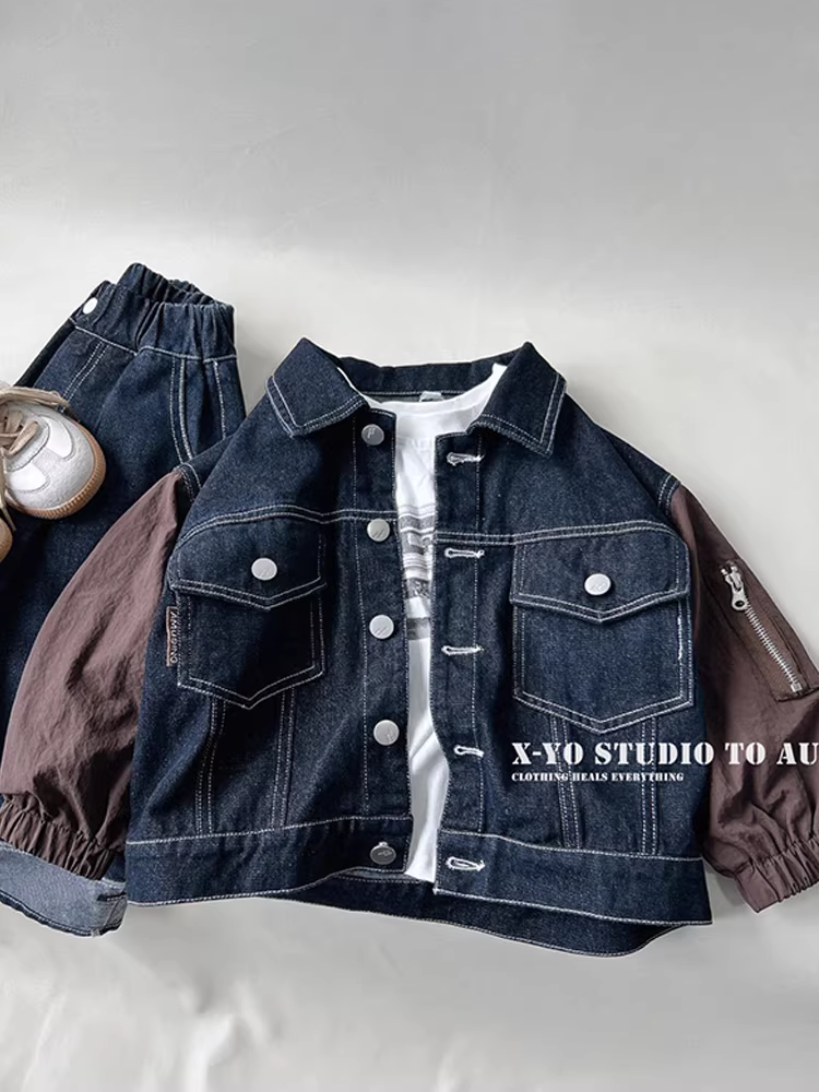 Áo khoác denim mùa xuân thu cho bé trai, kiểu dáng mới dày dặn năm 2025, thời trang mùa xuân cho bé trai.