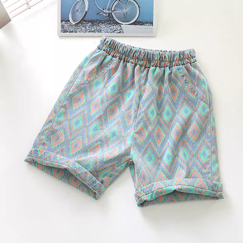 Quần short denim Tencel dành cho trẻ em, họa tiết hình học mùa hè, sành điệu cho các cô gái trẻ, quần short mềm mại giản dị, mỏng và hợp thời trang.