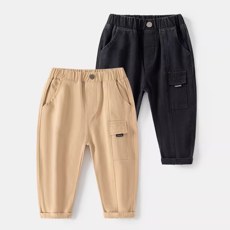Quần trẻ em kiểu Hàn Quốc mùa xuân 2025, quần cargo mùa xuân thu cho bé trai, quần đơn màu trơn dáng ôm dài