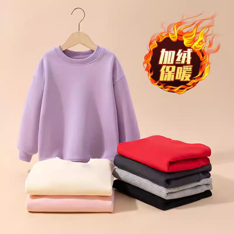 Áo nỉ trẻ em hợp thời trang cho mùa thu đông, áo thể thao lót lông cừu mới cho bé gái, quần áo ấm màu trơn cho bé trai lớn.