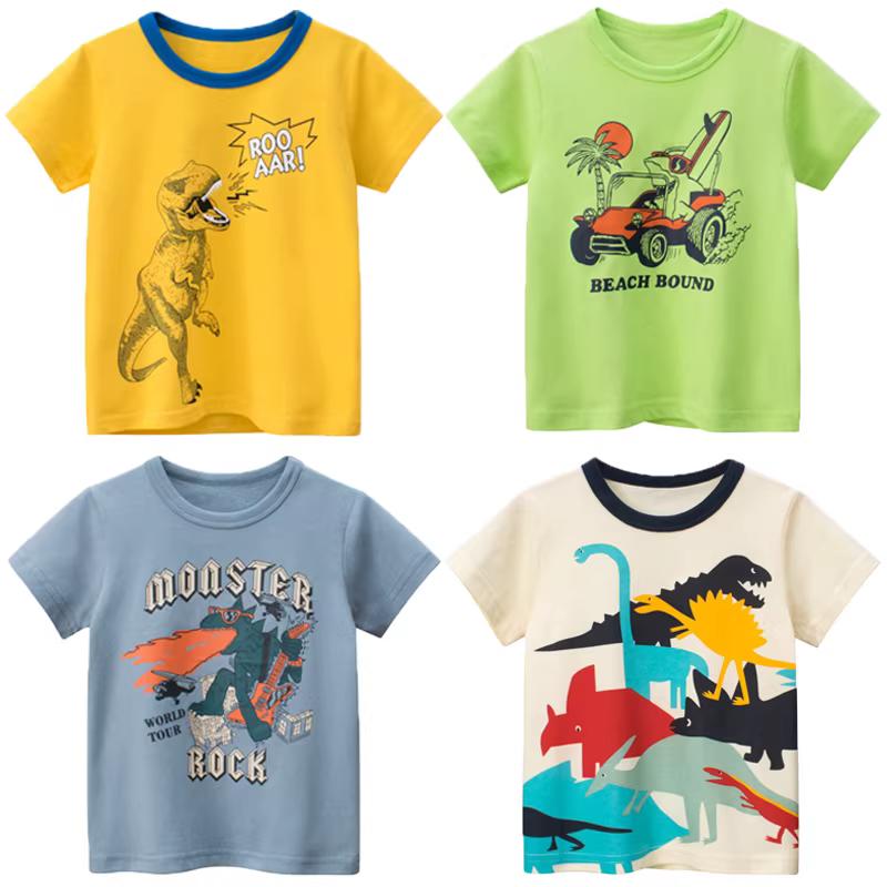 Áo thun ngắn tay mùa hè trẻ em kiểu mới 2025 họa tiết khủng long hoạt hình anime chất liệu cotton mềm mại dành cho bé trai và trẻ sơ sinh