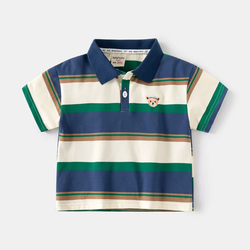 Áo sơ mi POLO sọc cho bé trai phong cách mùa hè mới Áo thun trẻ em cổ rộng có cổ trễ vai tay ngắn Áo thun trẻ em thông thường thoáng khí hợp thời trang