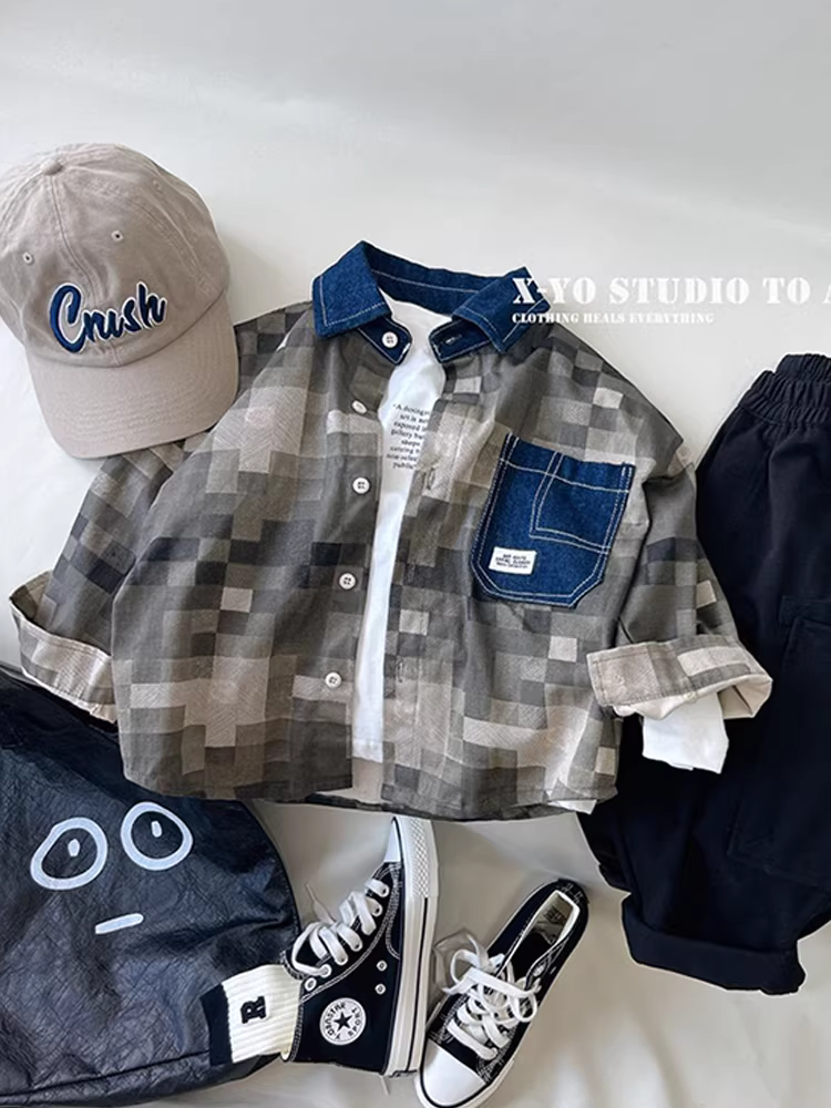 Áo sơ mi dài tay bé trai mùa xuân 2025 dày dặn, thời trang, áo khoác ngoài trẻ em, áo sơ mi kẻ caro cho bé